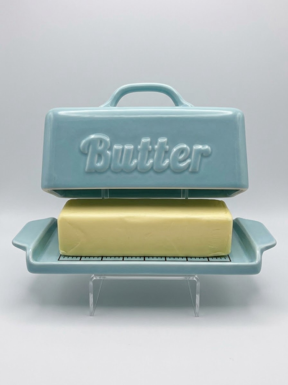 Blue Ceramic Covered Butter Dish with Measurement Lines